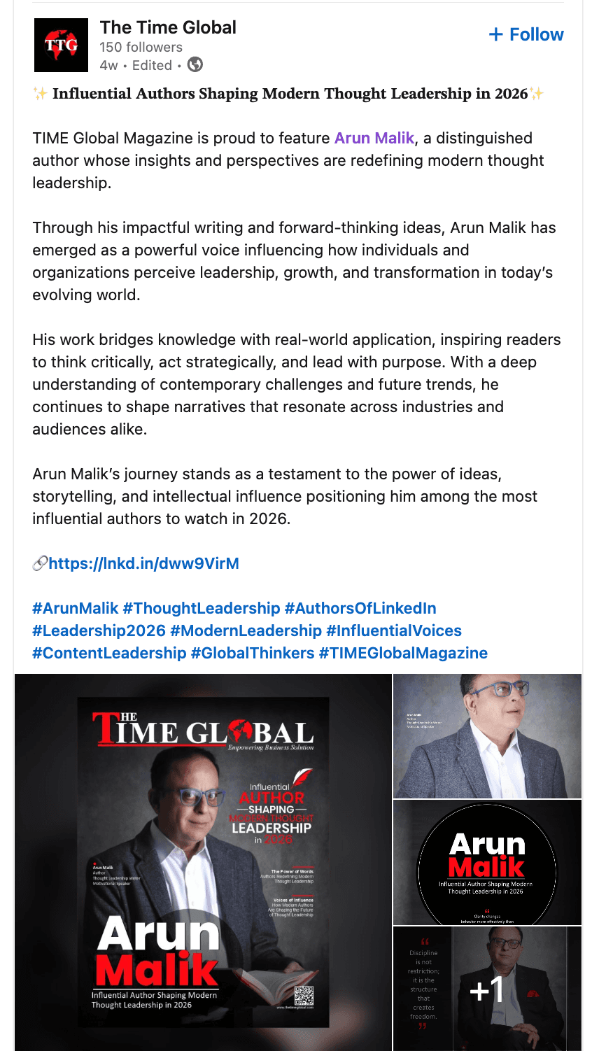 Testimonial from Arun Malik - Influential Author & Thought Leader
