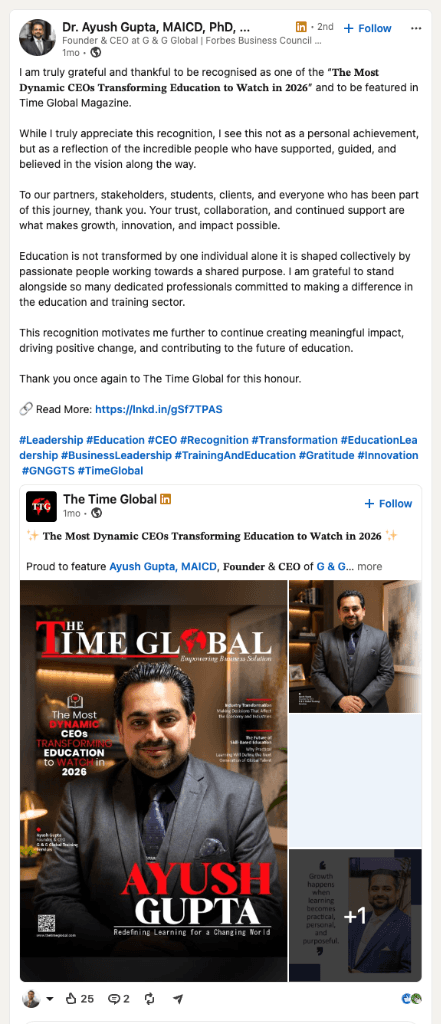 Testimonial from Dr. Ayush Gupta - Founder & CEO at G & G Global